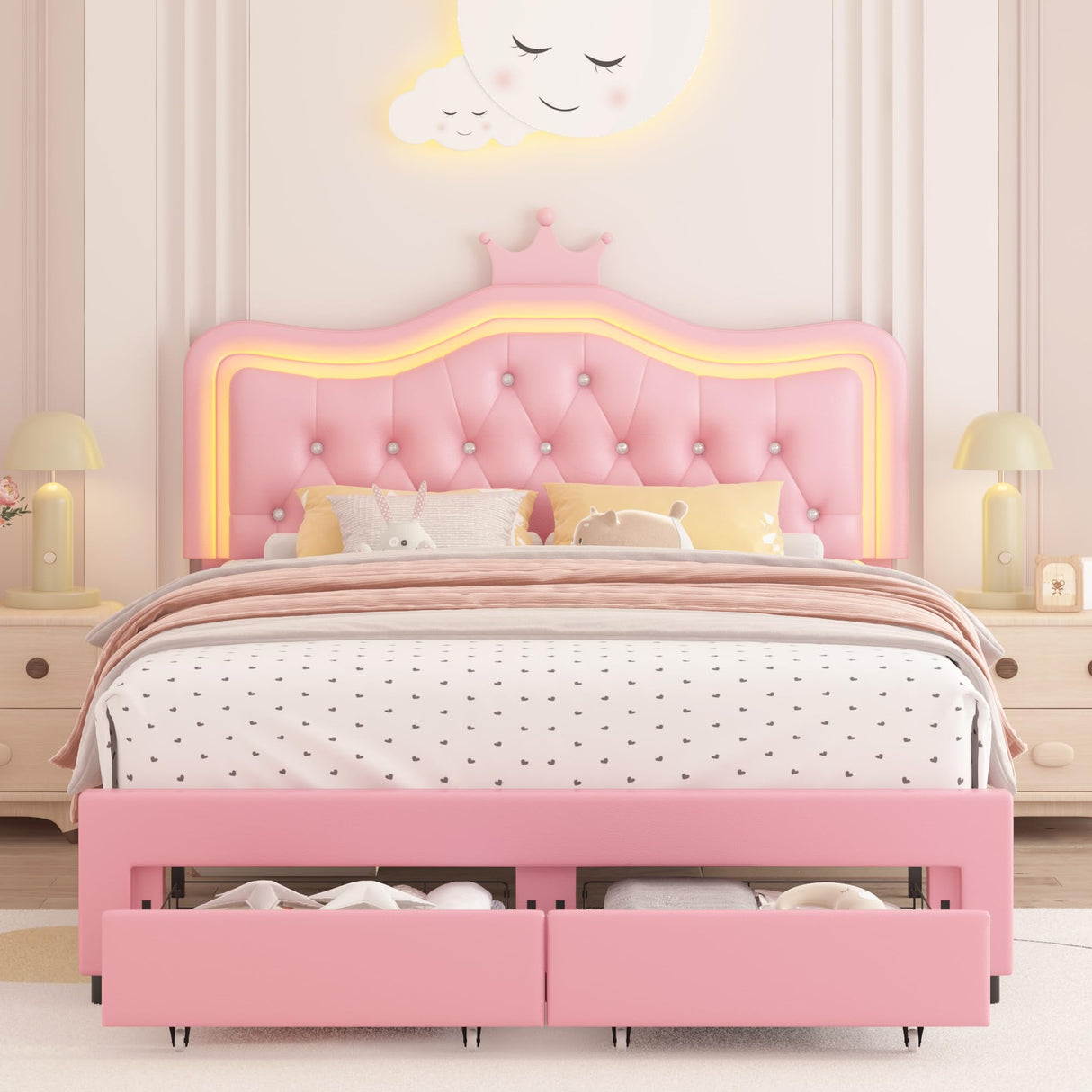 Keyluv Pink Upholstered LED Bed Frame with Storage, Adjustable Crown Headboard and Crystal Tufting Keyluv