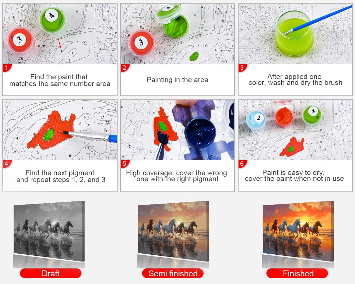 Horse Paint by Numbers Kit for Adults, DIY Animals Acrylic Paint by Numbers Kits on Canvas, Sunset Beach Oil Painting for Gift Home Wall Decor Art Crafts 16"x20"(Frameless) TUMOVO