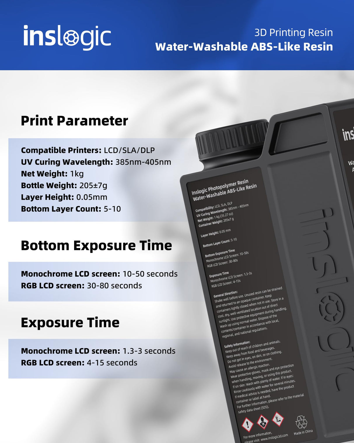 Inslogic Water-Washable ABS-Like Resin, Combines Features of ABSLIKE Resin & Water Washable Resin, Non Brittle, High Precision, Fast Curing 3D Resin for LCD DLP SLA 3D Printers, 1KG Grey Inslogic