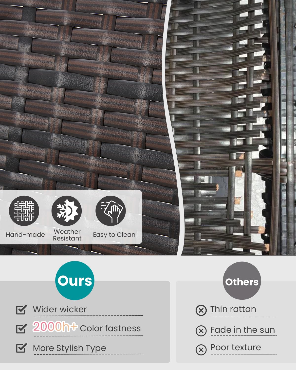 Bezseller 3 Piece Outdoor Patio Furniture Set, Patio Bistro Set Wicker Conversation Set, Modern Rattan Chair with Glass Coffee Table for Backyard, Porches, Poolside, Lawn and Balcony Bezseller