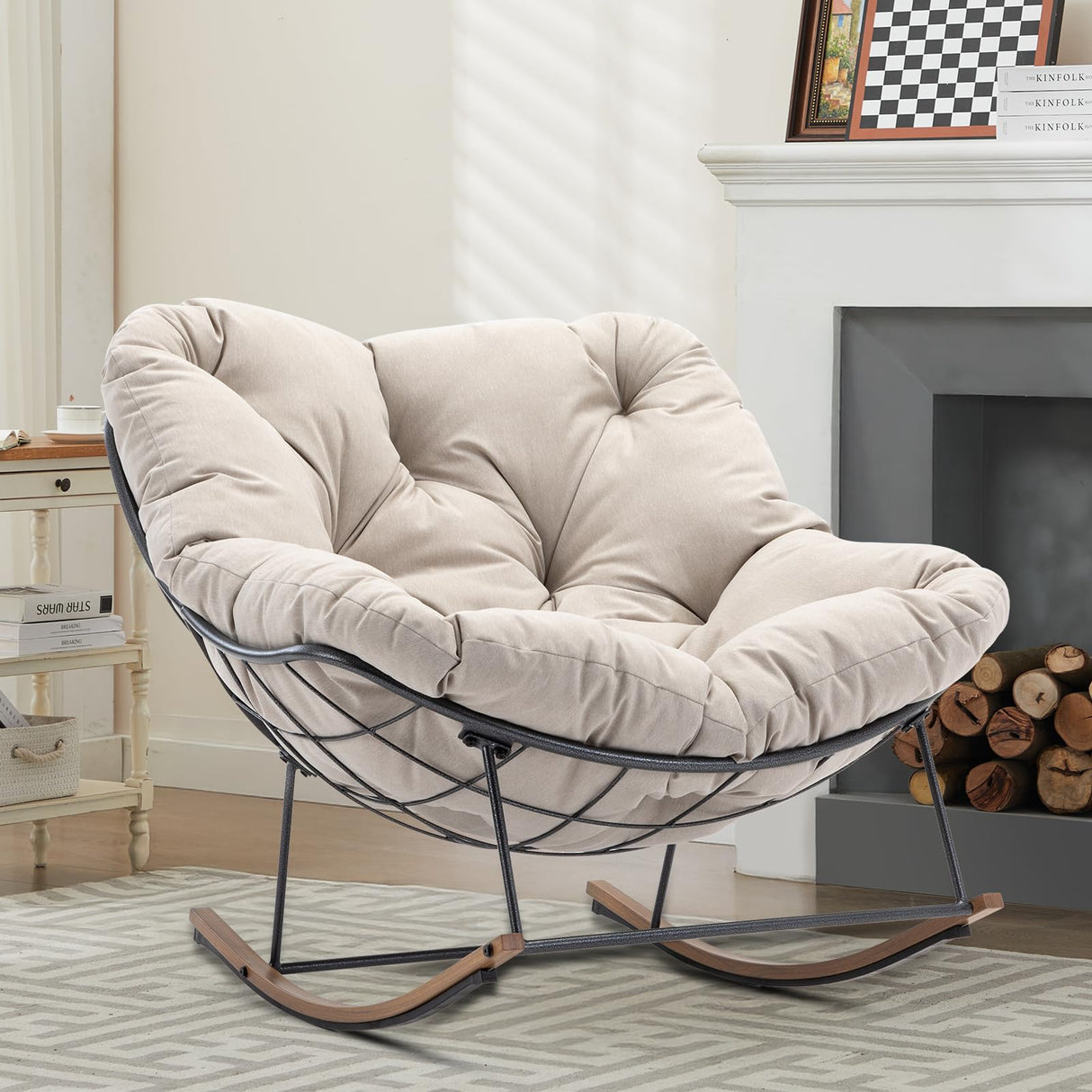 AIDEHO Outdoor Patio Rocking Chair, Oversized Papasan Chair with Cushion and Frame, Comfy Modern Rocker Egg Chair for Living Room, Garden Backyard,Beige AIDEHO