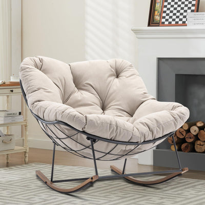 AIDEHO Outdoor Patio Rocking Chair, Oversized Papasan Chair with Cushion and Frame, Comfy Modern Rocker Egg Chair for Living Room, Garden Backyard,Beige