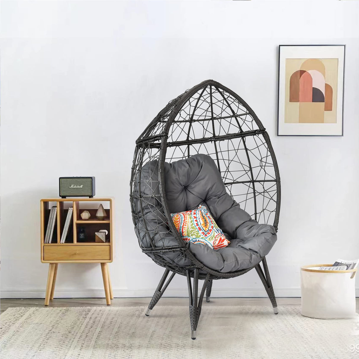 Temminkii Outdoor Patio Wicker Egg Chair Oversived Indoor Basket Rattan Chair with Stand,4''Cushion 410bls Capacity for Backyard Balcony Bedroom (Gray) Temminkii