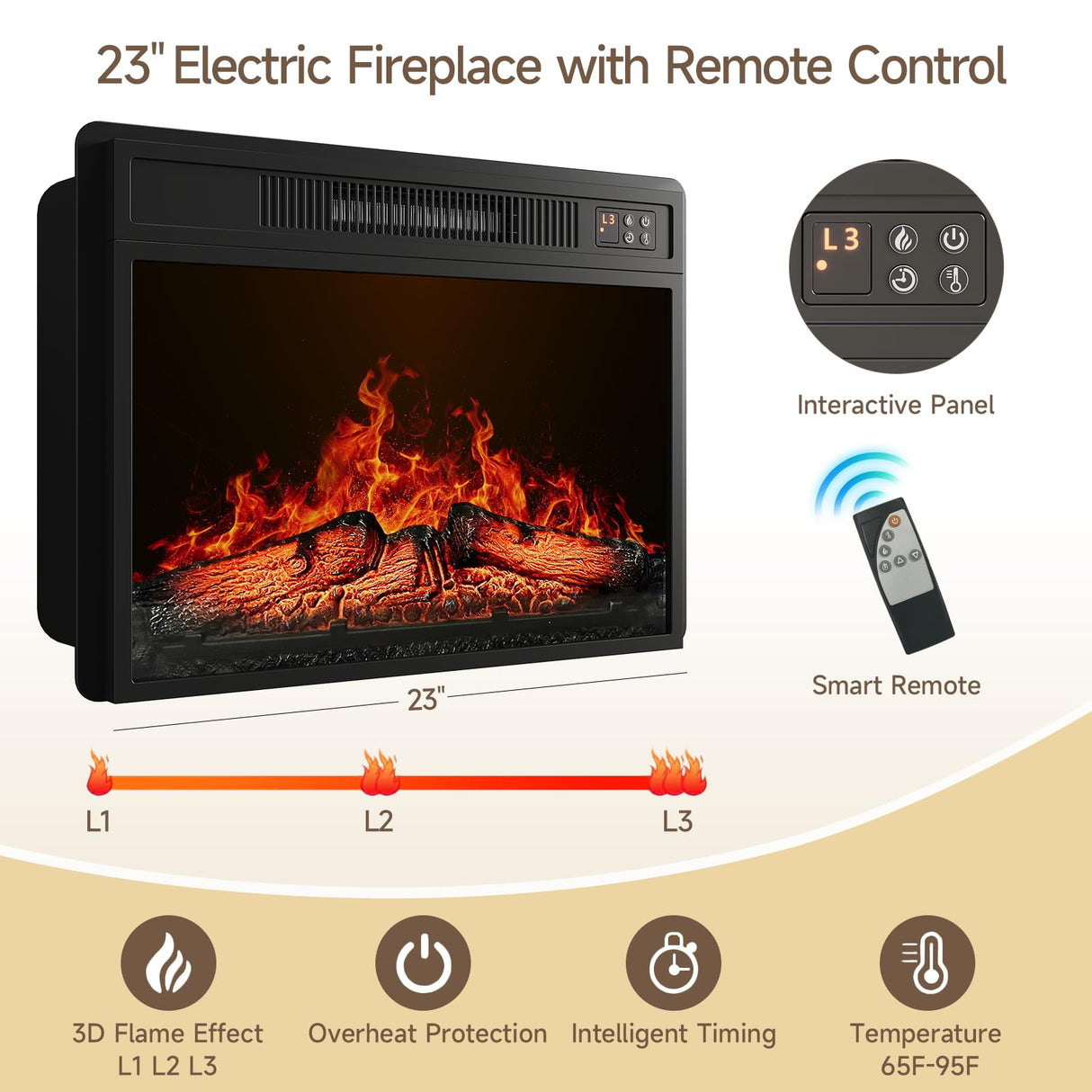 ONBRILL 59" Fireplace TV Stand, Entertainment Center with 23" Electric Fireplace, TV Table for TVs up to 65 Inch, Media Console Cabinet with Storage and Glass Doors for Living Room,Wood White ONBRILL