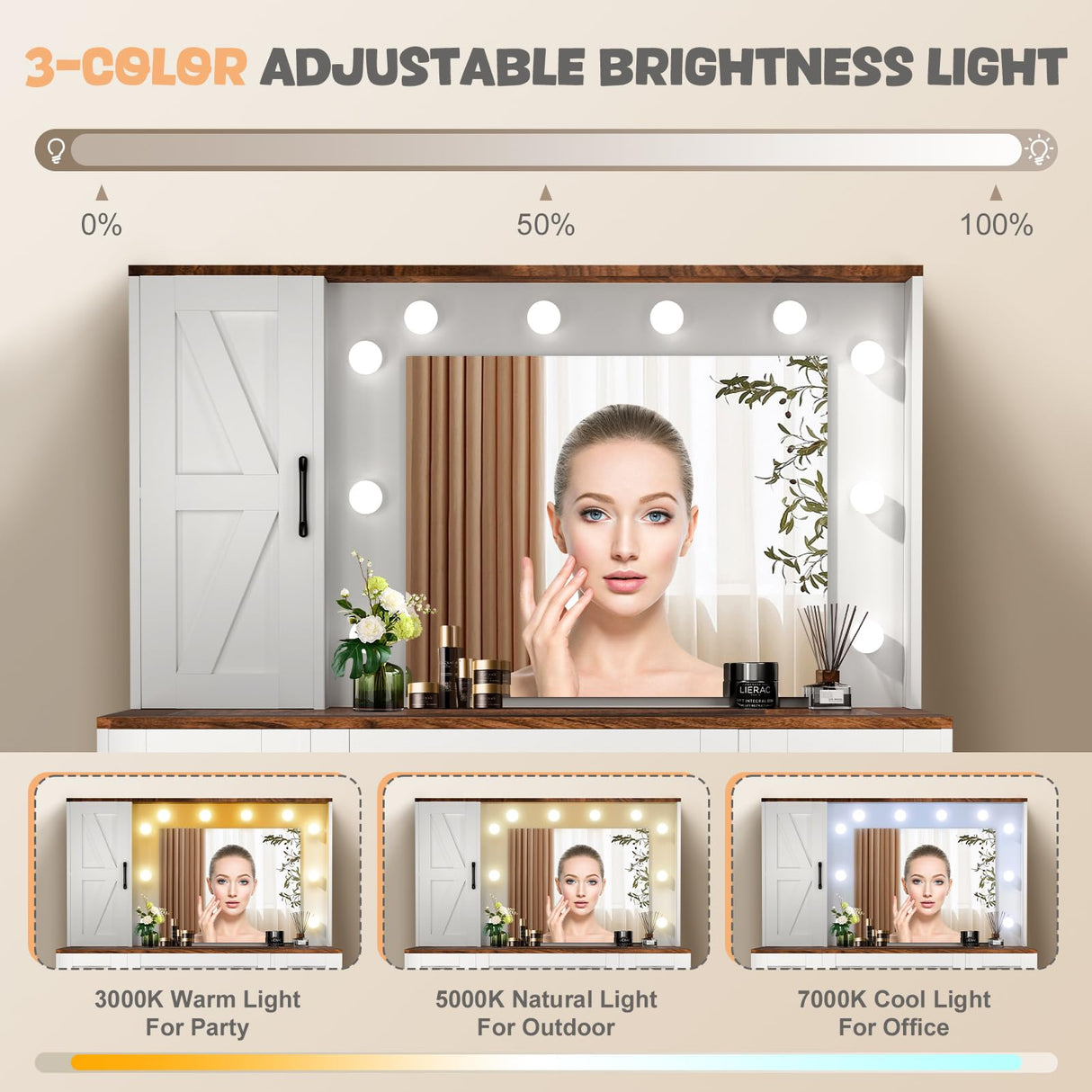 CUOZOVA Farmhouse Vanity Desk with Mirror and Lights, Glass Tabletop Vanity with Charging Station,Vanity Table with 3 Drawers & 3 Cabinets, White Rustic Makeup Vanity for Bedroom CUOZOVA