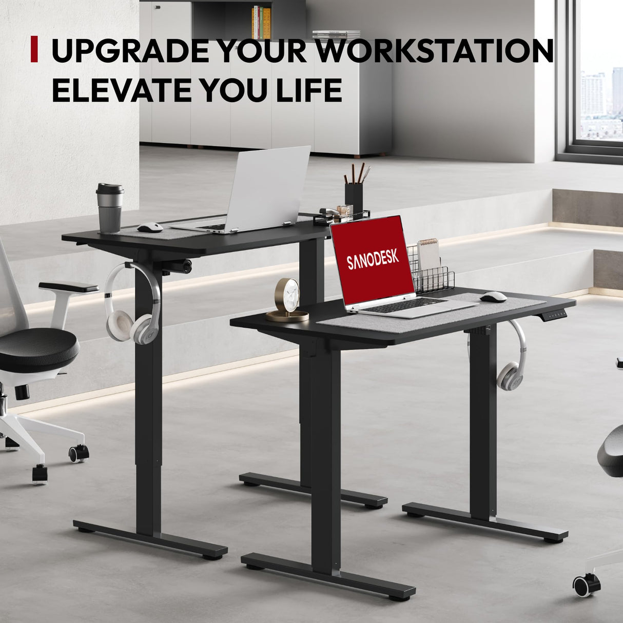 SANODESK Electric Standing Desk 40 x 24 Inches Whole-Piece Desktop Height Adjustable Stand Up Desk w/6-Button Controller Ergonomic Computer Desk for Home Office, Black Frame + Black Tabletop SANODESK