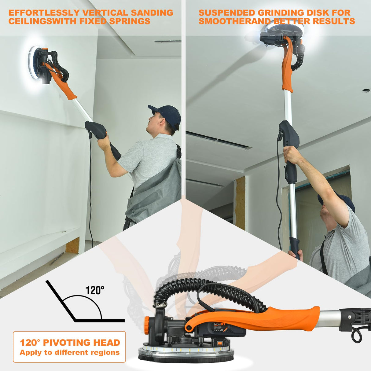 MAXXT Drywall Sander with Vacuum Dust Collection, Popcorn Ceiling Removal Tool, 6 Variable Speed Foldable Telescopic Electric Wall Sander, 600-1900RPM Power Sander Tool, LED Light, 18Pcs Sanding Discs MAXXT