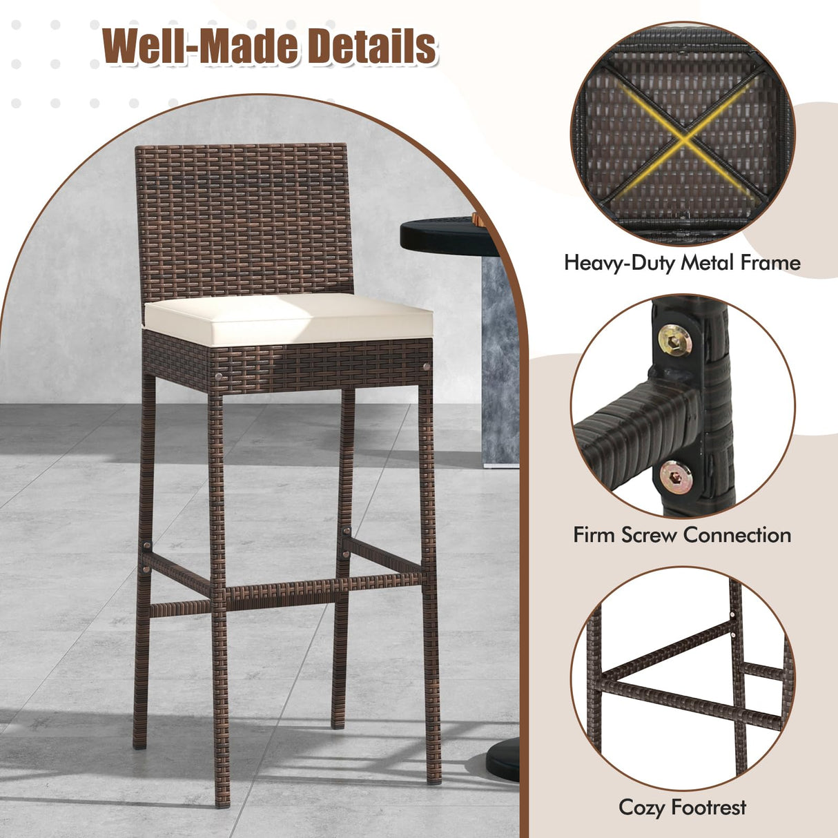 Toolsempire Outdoor Wicker Barstools, Patio Rattan Barstool Set of 4 with Cushion, Footrest & Heavy-Duty Metal Frame, Outdoor Bar Height Chair for Backyard & Balcony Toolsempire