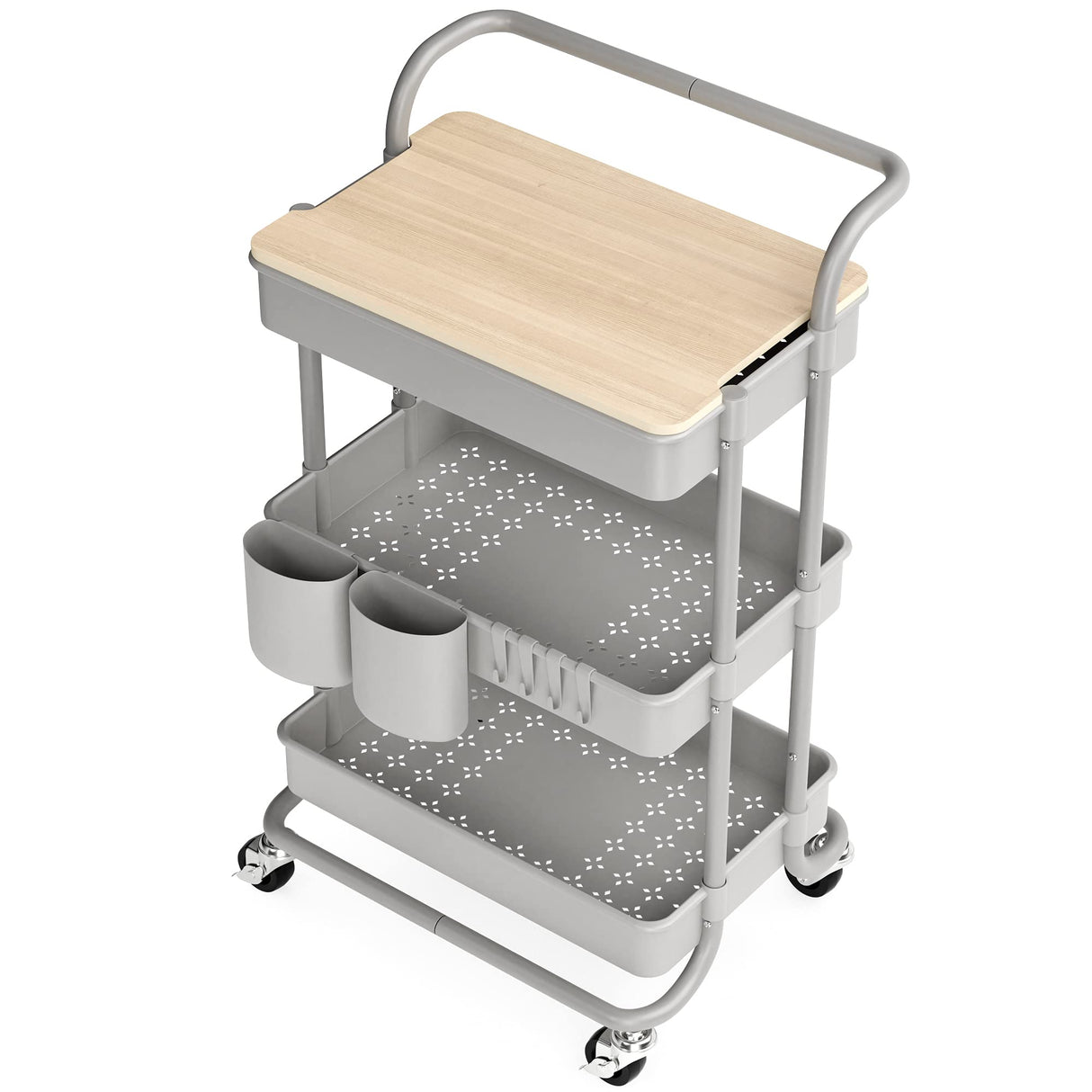3 Tier Rolling Cart, with Table Top, Rolling Storage Cart with Handles and Locking Wheels, Utility Cart with 2 Small Baskets and 4 Hooks for Bathroom. Office, Balcony, Living Room (Grey) Koolerthings Expansion Wellness