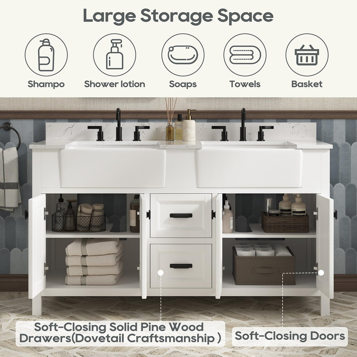 DELUXE LIVING 60 Inch Bathroom Vanity with Double Sink, Farmhouse Bathroom Vanity Cabinet with Soft Closing Doors & Dovetail Drawers, Vanity for Bathroom, Adjustable Feets, Apron Farm Sink, White DELUXE LIVING