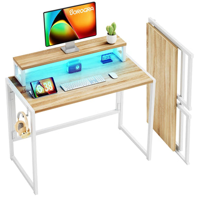 SOROGRA Small Folding Desk 31.5 Inch, Foldable Computer Desks with LED Lights and Monitor Stand, Work Portable Table for Bedroom Home Office, Oak
