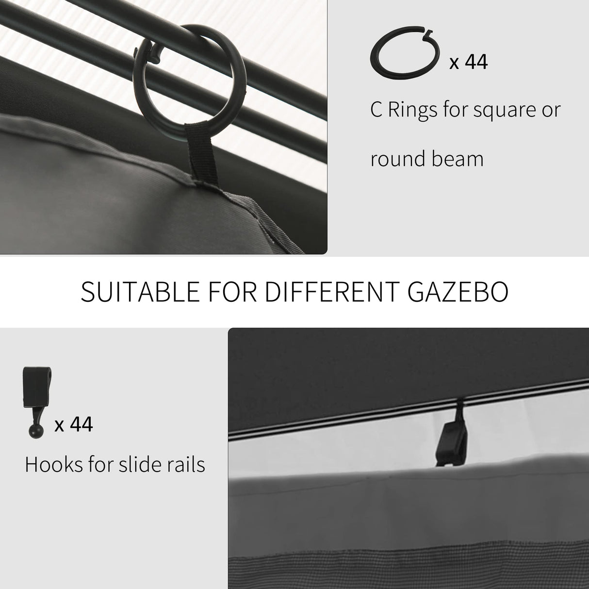 Outsunny 10' x 12' Universal Gazebo Sidewall Set with Panels, Hooks and C-Rings Included for Pergolas and Cabanas, Gray Outsunny