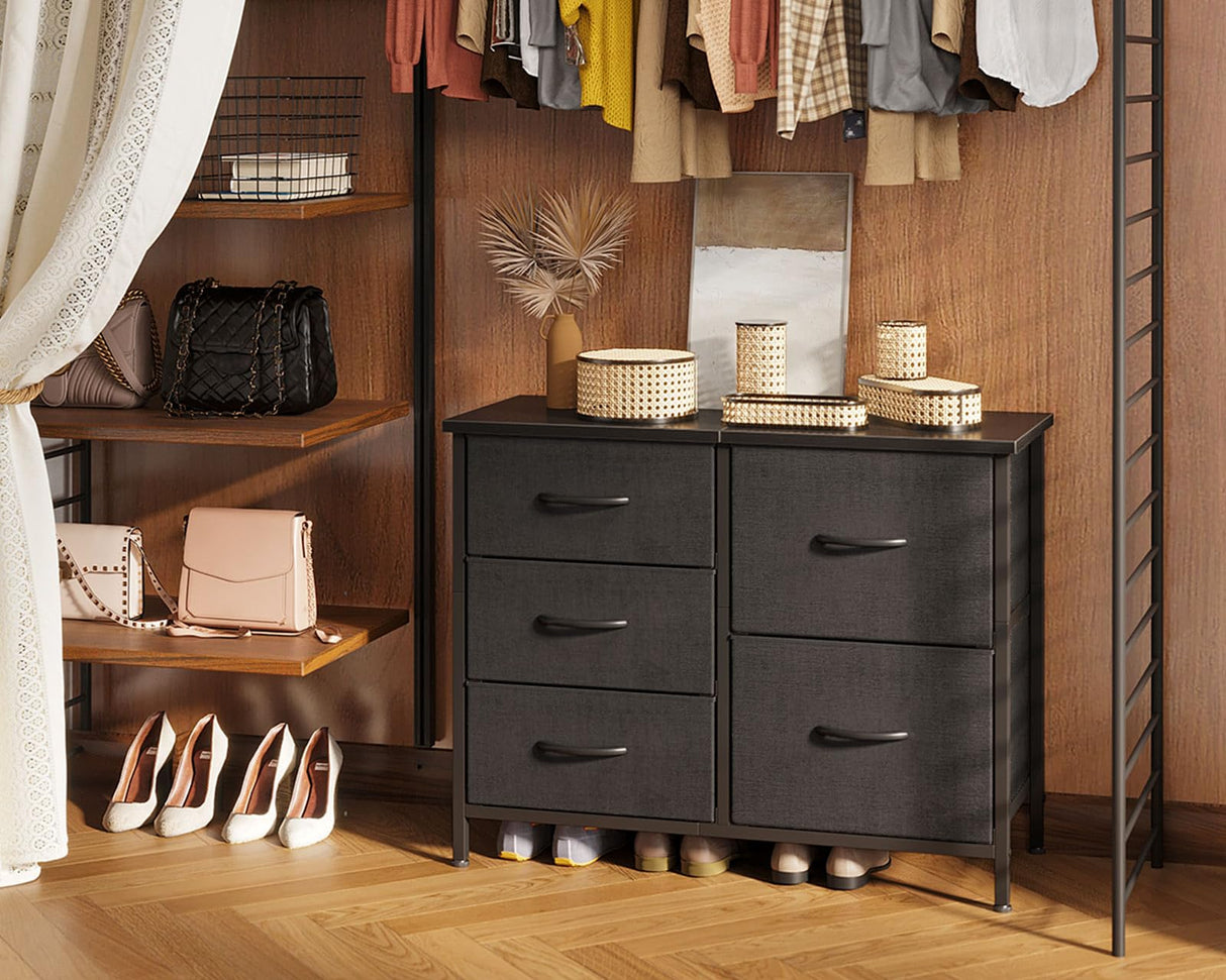 AODK Dresser for Bedroom Dresser TV Stand with 5 Storage Drawers, Small Fabric Dresser Chest of Drawers for Closet Organizer Clothes, Black AODK