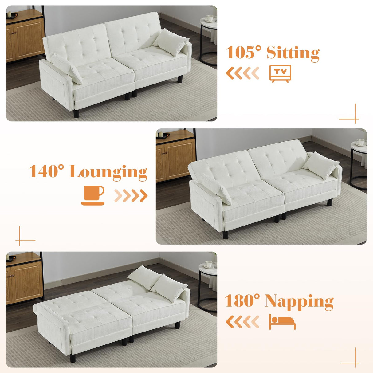 Oprisen Convertible Futon Sofa Bed, Modern Chenille Upholstered Tufted Couch Sleeper with Adjustable Backrest for Living Room, Bedroom, Office, Apartment (White, Loveseat) Oprisen