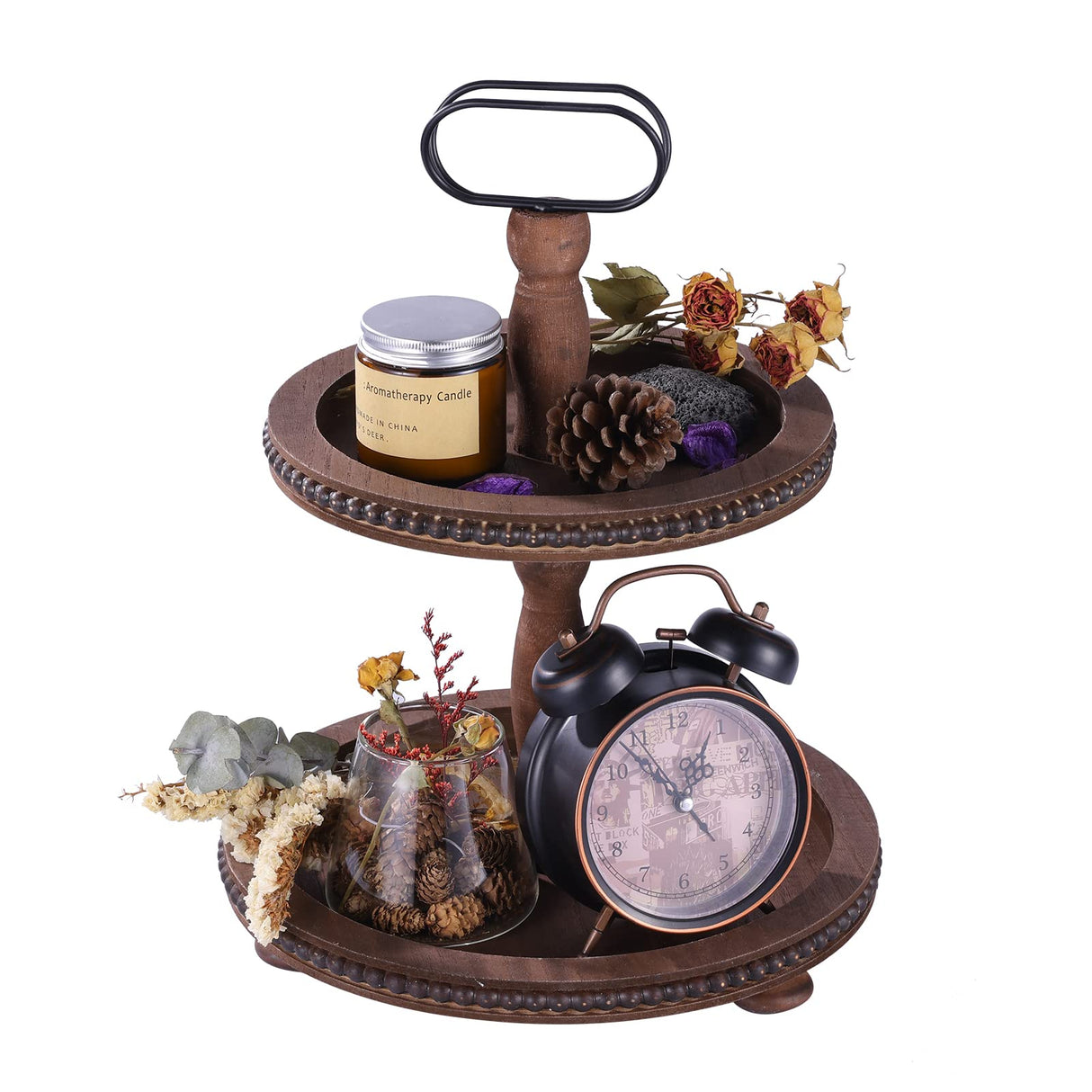 Urban Deco Wooden Decorative Tray Two Tiered Tray Decorations Round Serving Tray with Metal Handle, Wooden Cupcake Stand for Party Tiered Dessert Stand - Dark Brown Farmhouse Wooden Tray Urban Deco