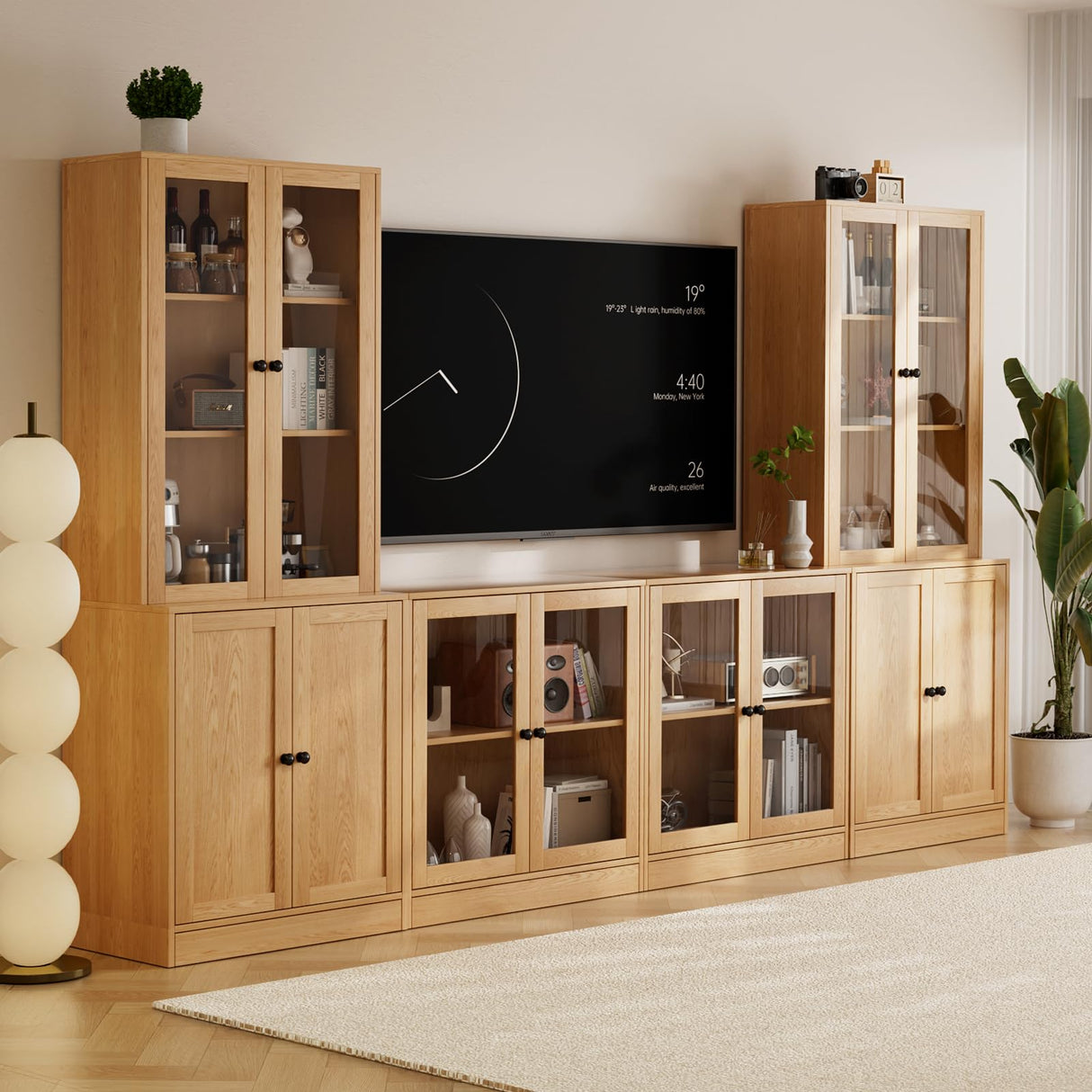 TUSY 4-Piece Large TV Stand with Bookshelves for TVs up to 75", TV Entertainment Center Media Center with Tempered Glass Doors and Shelves, TV Hutch for Living Room (Wood) TUSY