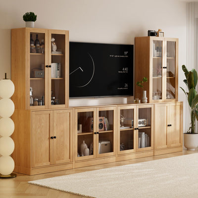 TUSY 4-Piece Large TV Stand with Bookshelves for TVs up to 75", TV Entertainment Center Media Center with Tempered Glass Doors and Shelves, TV Hutch for Living Room (Wood)