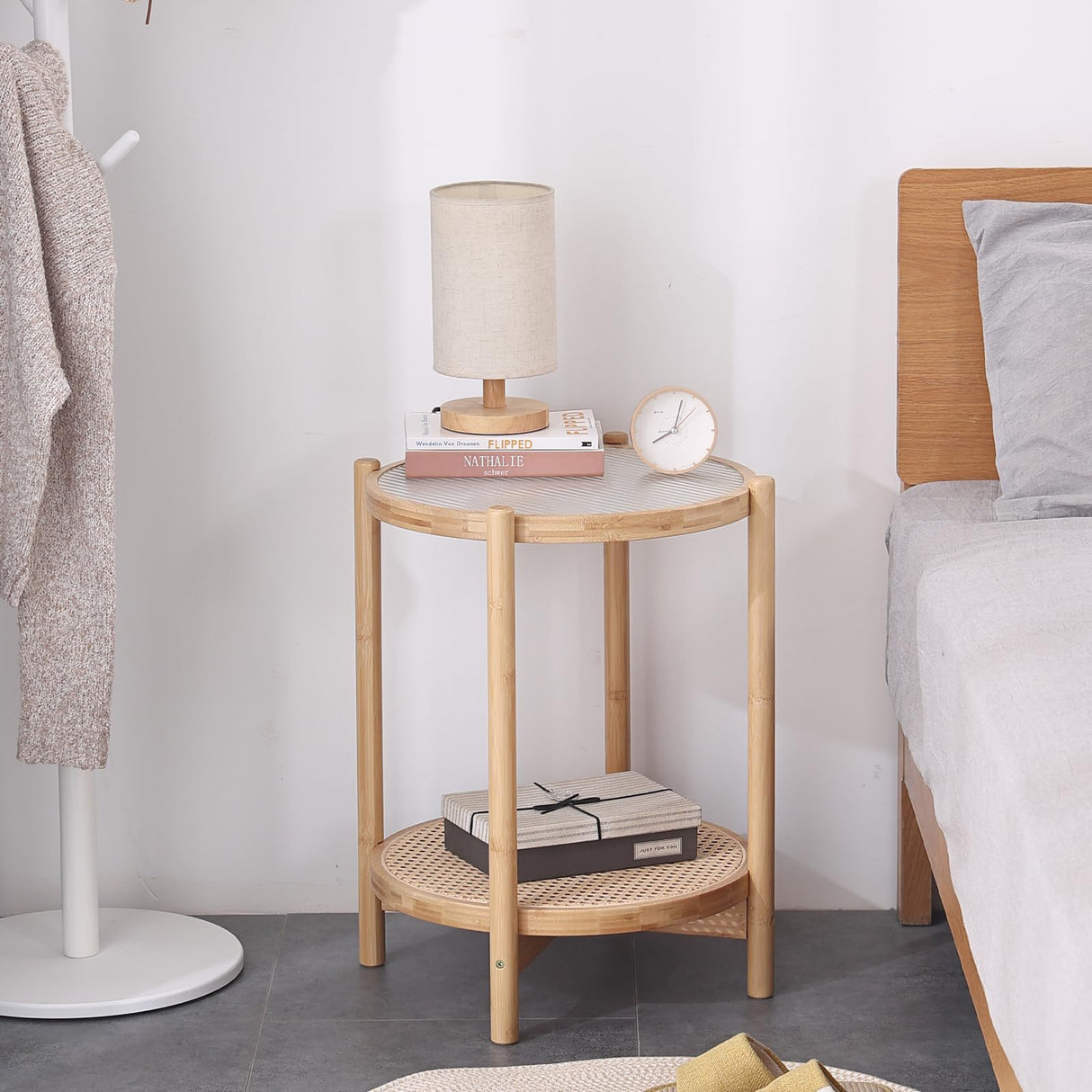 Tiita Rattan Nightstand Side Table, Bamboo Accent Bedside Tables, Glass Coffee Tables, Boho Wooden End Table with Storage for Small Space, Living Room and Bedroom Tiita
