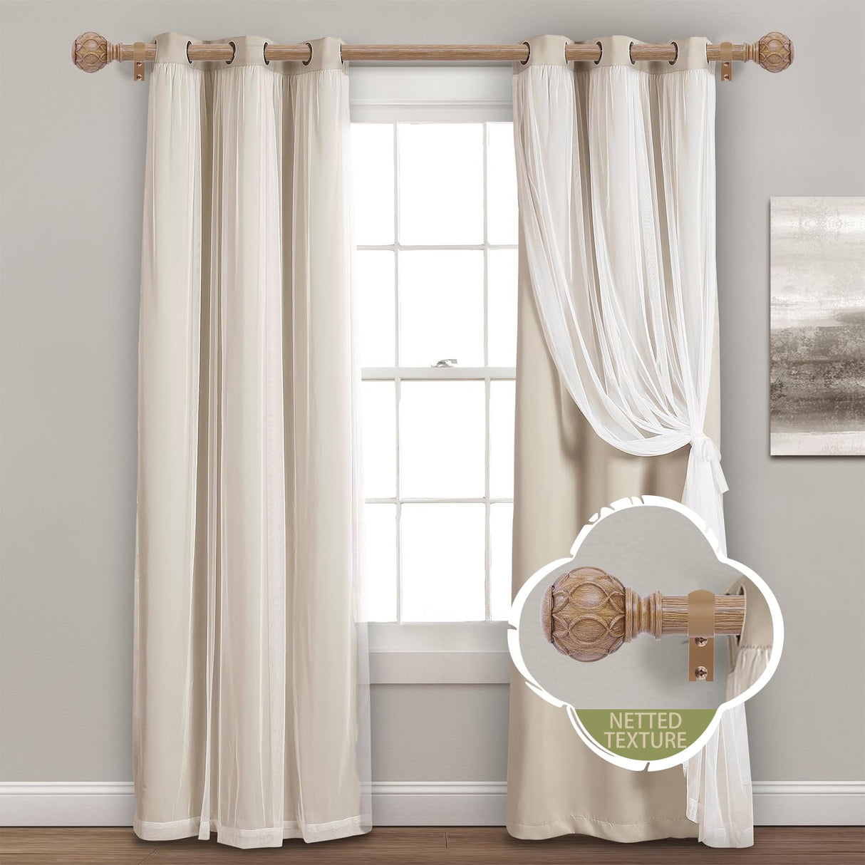 TANGWIN Wood Curtain Rods for Windows 48 to 84 Inch(4-7ft),1 Inch Adjustable Curtain Rod,Heavy Duty Curtain Rods,Wooden Netted Texture Finials Drapery Rods,Single Window Curtain Rod 36-88",Brown Wood TANGWIN