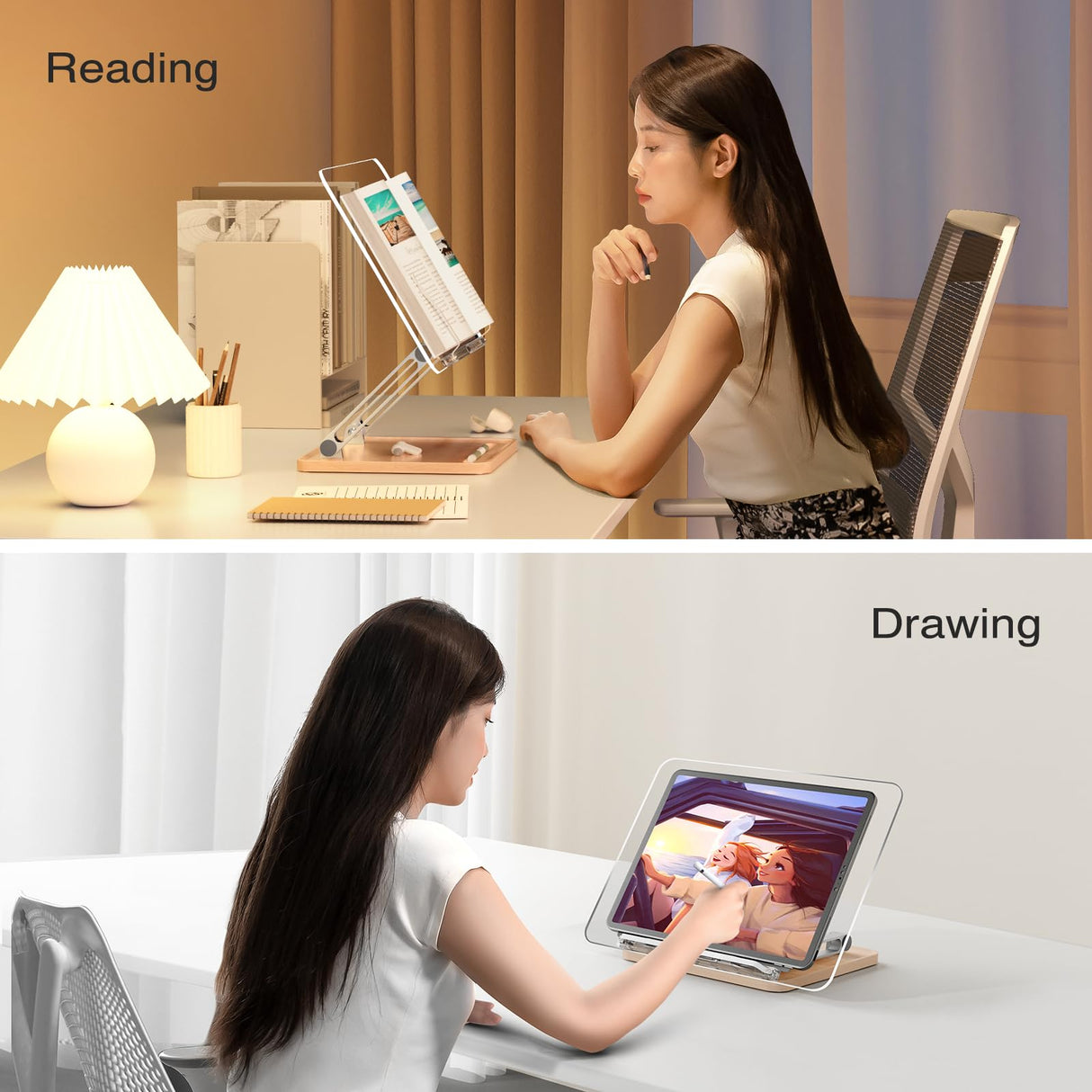 Adjustable Acrylic Book Stand for Reading, Book Holder with Pen Slot, Foldable Desktop Riser for Laptop, Recipe, Textbook - Hands-Free,Cookbook Stand, Clear Design with Page Clips UPERGO