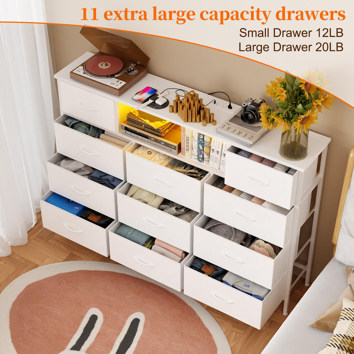 Fixwal Long Dresser for Bedroom with Charging Station and LED Lights, White Dresser TV Stand with 11 Drawers, Fabric Chest of Drawers with PU Finish for Bedroom, Living Room, Entryway Fixwal