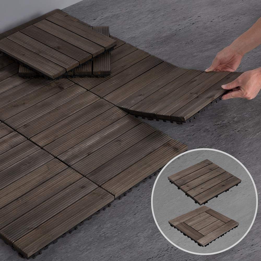 Topeakmart 12 x 12in Patio Tiles Wood Floor Deck Tiles Interlocking Wooden Composite Decking Floor Tiles Outdoor for Garage Patio Garden Deck Poolside Black 11PCS Topeakmart