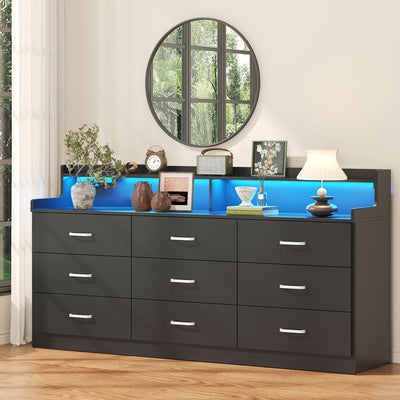 Bigbiglife 9 Drawer Dresser with Built in Power Outlet and LED Light, Modern Chest of Drawers for Bedroom, Triple Wide Drawer Organizer Cabinet for Living Room, Entryway, Hallway, Black