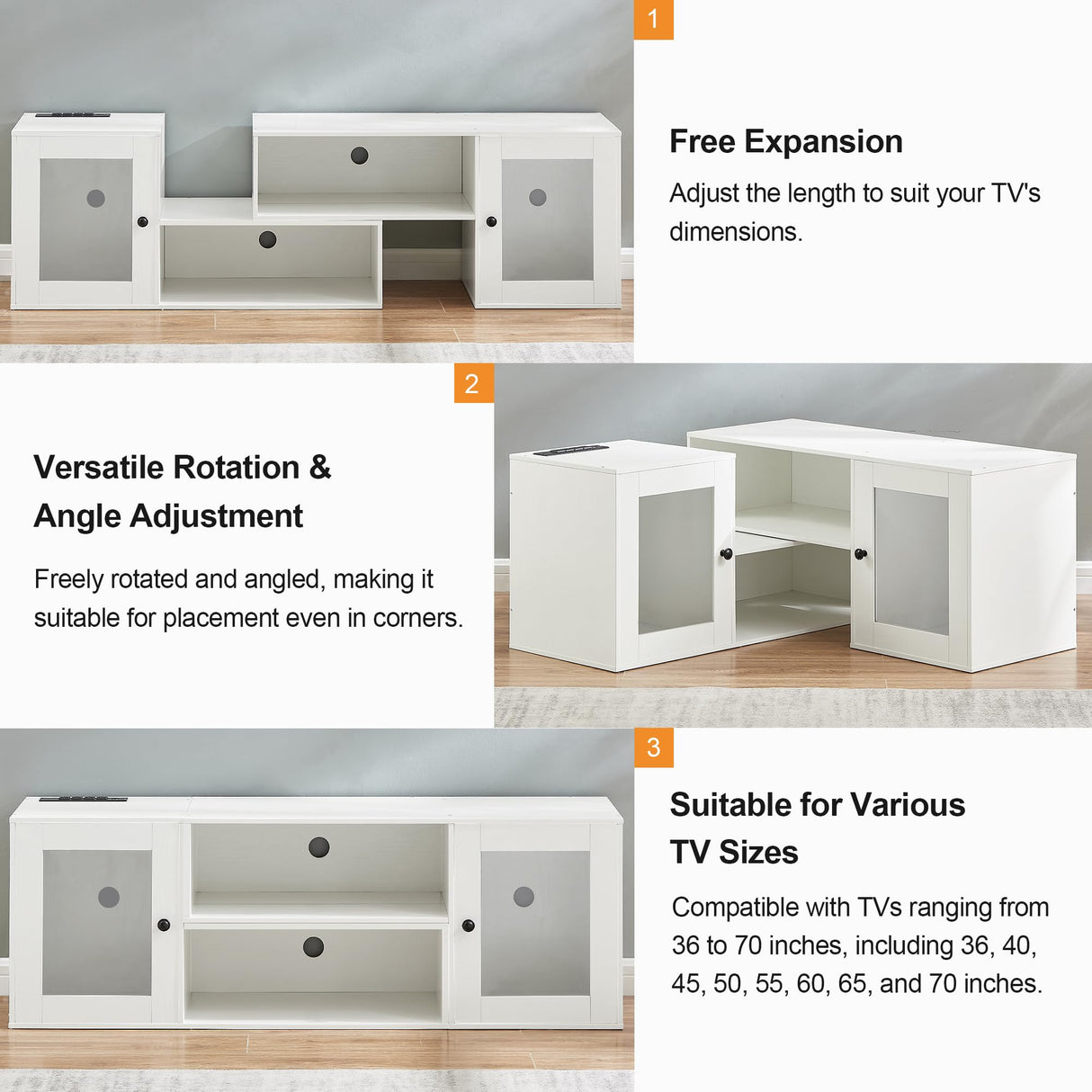 VECELO LED TV Stand for Televisions up to 70 Inchs Media Console with 23 Flashing Options and 4 Customizable Modes for Living Room, Bedroom, White VECELO