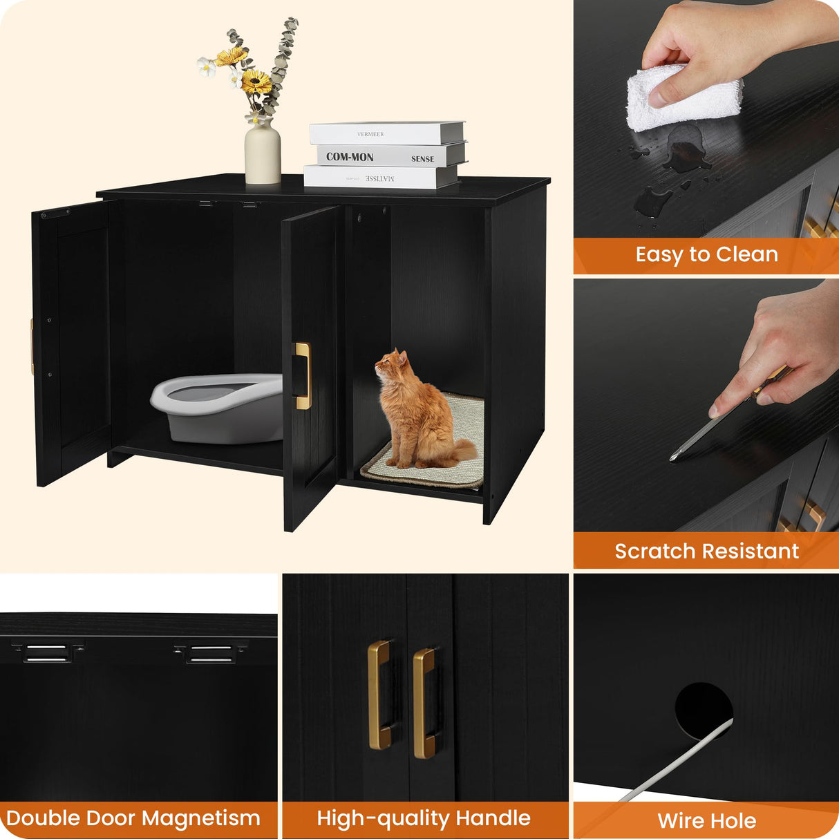 Dwanton Litter Box Enclosure, Cat Litter Box Furniture Hidden, with Scratching Mat, Wooden Cat Washroom Indoor, Fit Most of Litter Box, 31.5" L x 19.7" W x 21.7" H, Black Dwanton