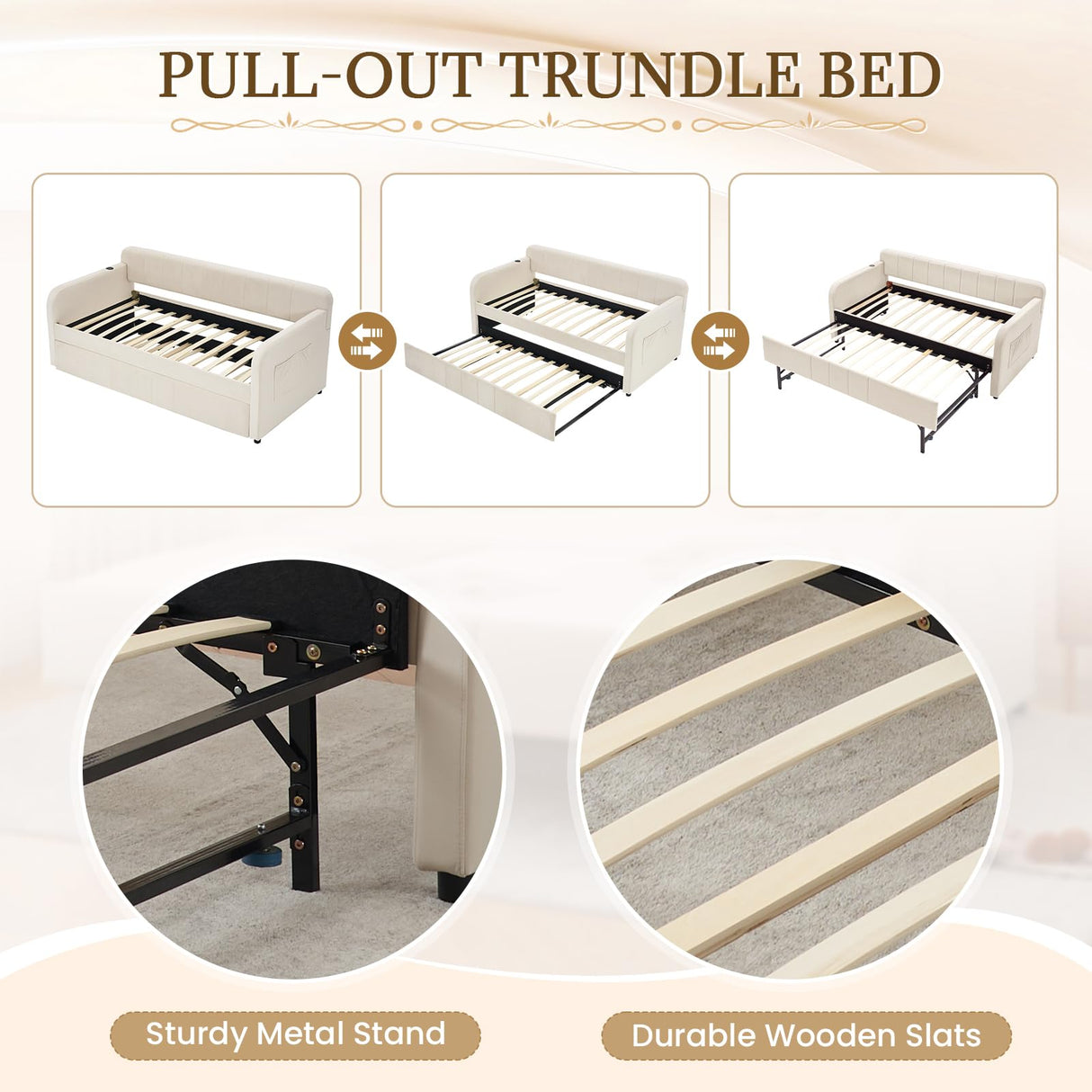 Twin Size Daybed with Pop Up Trundle Bed,Velvet Twin to King Size Day Bed Frame with USB Ports&Side Pockets,Extendable Upholstered Wooden Sofa Bed for Bedroom,Living Room,No Box Spring Needed,Beige JEEOHEY