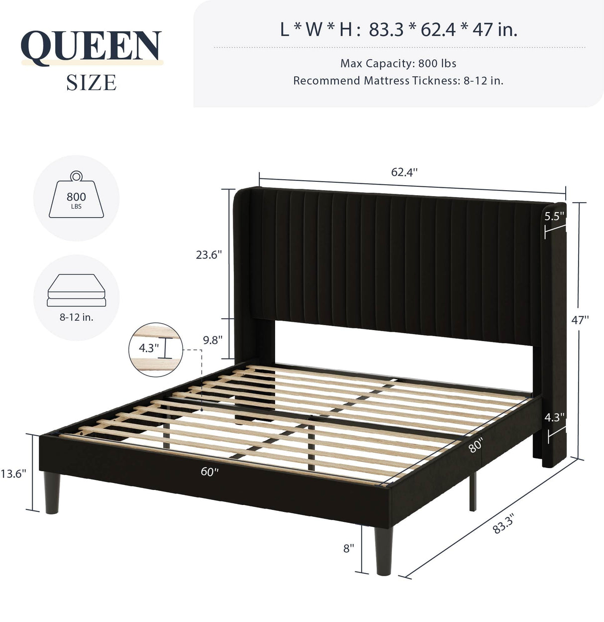 Allewie Queen Size Black Velvet Bed Frame with Wingback Headboard and Wooden Slats Allewie