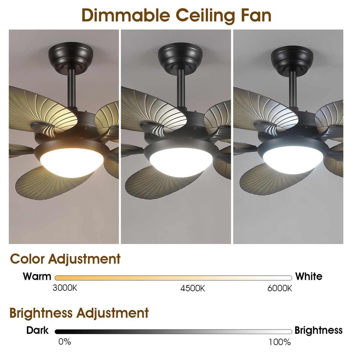 Wiviniya Tropical Ceiling Fans with Lights, 44 Inch Indoor Outdoor Palm Leaf Ceiling Fan for Patios Porch Bedroom, Remote/APP Control, Dimmable, 6 Speeds, Reversible, Wood Grain Wiviniya