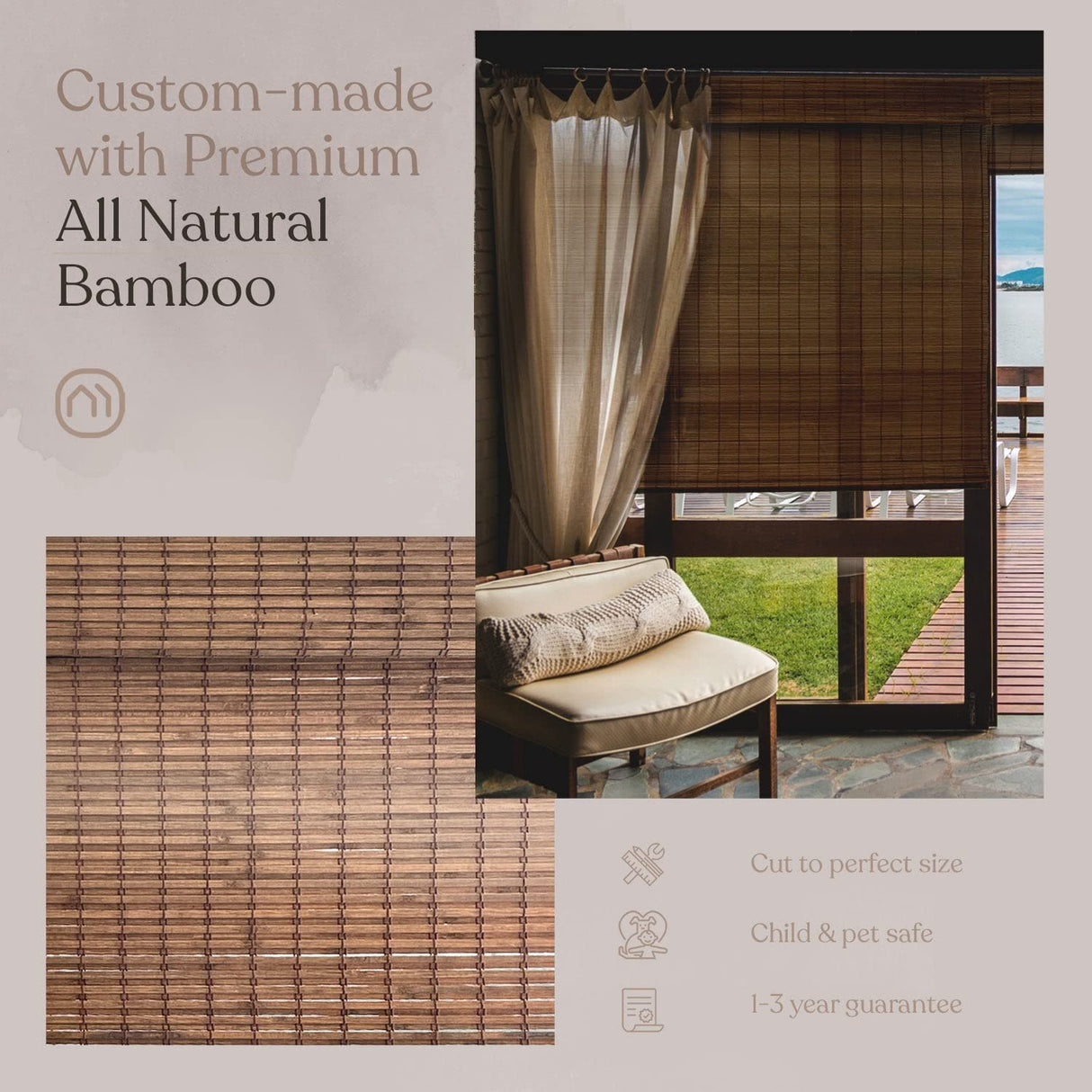 MOOD Custom Bamboo Shades | Rustic | Cordless Bamboo Roman Shades for Windows and Doors (Natural Woven) | Rustic Walnut (Great Privacy) | 58" W X 48" H Mood
