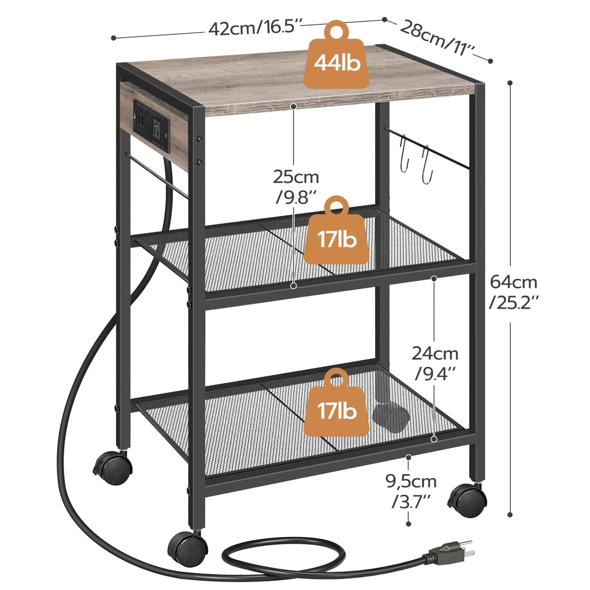 HOOBRO Industrial Printer Stand, 3-Tier Mobile Printer Table, Rolling Cart with Power Outlets and USB Ports, Home Printer Stand with 2 Hooks, for Office, Living Room, Greige and Black BG22UPS01 HOOBRO