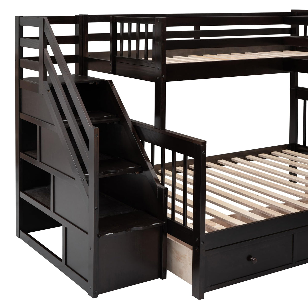 L-Shaped Bunk Bed for 4 Kids, Twin-Twin Over Full with 3 Drawers, Portable Desk and Wardrobe, Solid Wood Bedframe with Stairs and Full-Length Guardrails, No Box Spring Needed (Espresso) BEDGJH