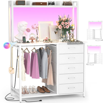 Cyclysio Dresser for Bedroom with Hutch & Clothes Rack, 70'' Tall 5 Drawers Dresser with Shelves, Dressers Closet with Charging Station & LED Lights, Bedroom, White