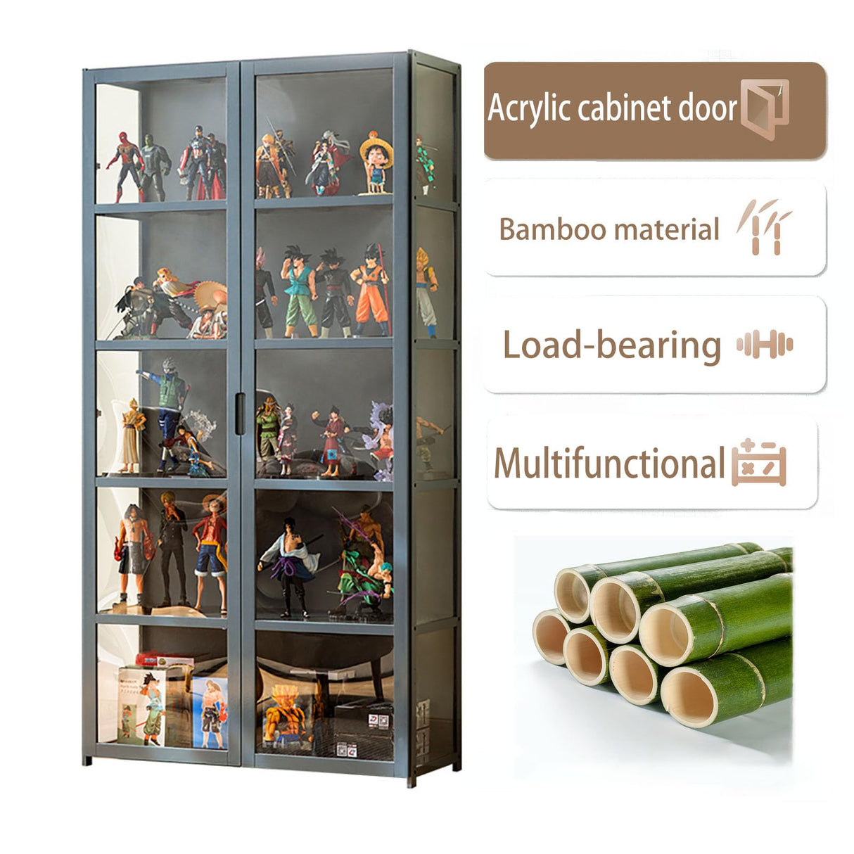 HMBTCRY 68" Grey Curio Display Cabinet with Acrylic Glass Door - Versatile Storage Shelves for Books, Toys, and Collectibles HMBTCRY