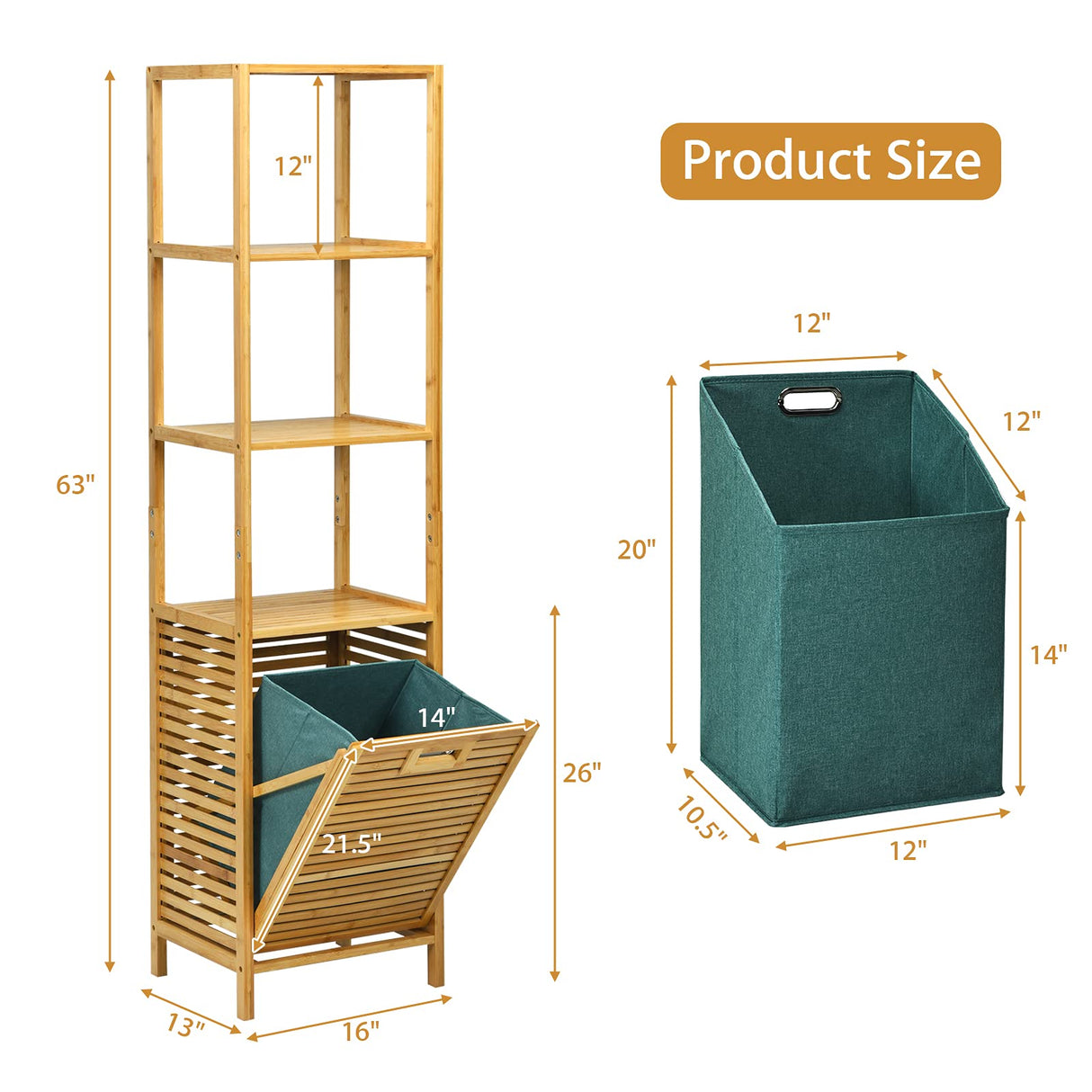 Giantex 63'' Tilt Out Laundry Hamper and 4-Tier Storage Shelves, Removable Clothes Basket with Easy Carry, Bamboo Tower Hamper Organizer, Great for Bathroom, Bedroom, Laundry Room, Closet, Nursery Giantex