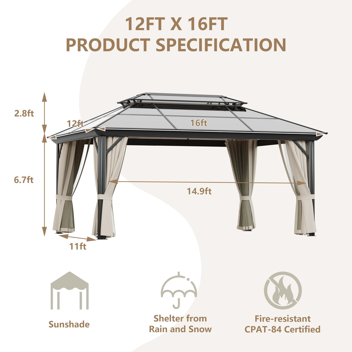 GAZEBEST 12'x16' Hardtop Gazebo Outdoor Polycarbonate Double Roof Patio Gazebo Aluminum Frame Gazebo Canopy with Netting and Curtains,for Garden Patio,Patio Backyard,Deck and Lawns GAZEBEST