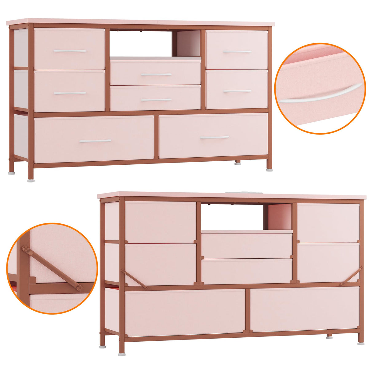 TrailBlaze Dresser Tv Stand with Power Outlet for 55'' Long TV, Wide Chest of Drawer for Storage Entertainment Center with 8 Deep Drawers in Living Room Bedroom Closet Hallway (Pink) TrailBlaze