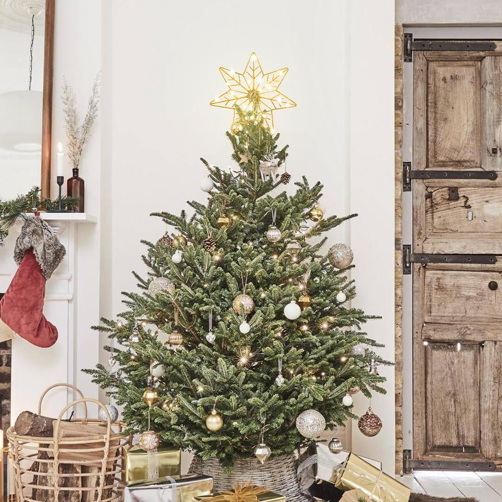 YEAHOME Christmas Tree Topper, Gold Glittered Hollow 7-Point Star Tree Topper, Lighted Wire Star with 20 LED Lights for Christmas Treetop, Xmas Tree Topper with Timer, Christmas Tree Decorations YEAHOME