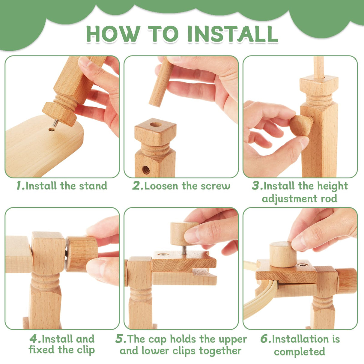 1PCS Embroidery Hoop Stand with 6 PCS 3'' to 8'' Embroidery Hoops Beech Wood Adjustable Rotated Wooden Embroidery Stand, Embroidery Hoop Holder for Cross Stitch and Embroidery Project SENENQU