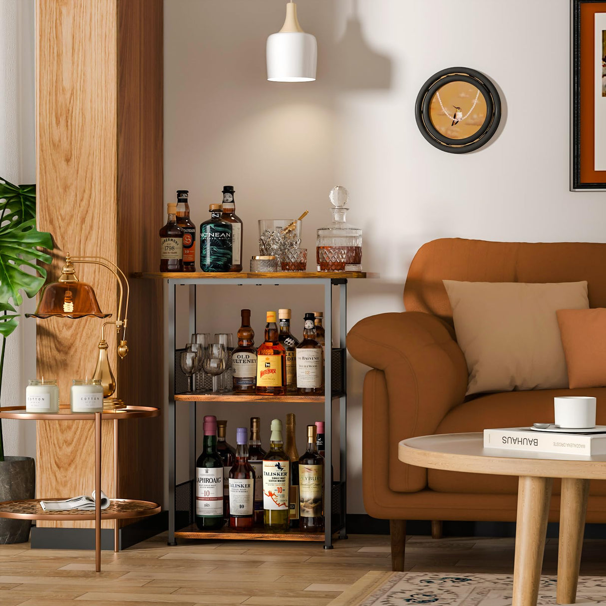 Eyteenokk Floor Standing Freestanding Whiskey Rack: 3 Tier Wine Rack Mini Bar Table Corner Wine Bottle Display Stand Liquor Cabinet Bar, for Bottles,Cocktail Shaker,Mugs Eyteenokk