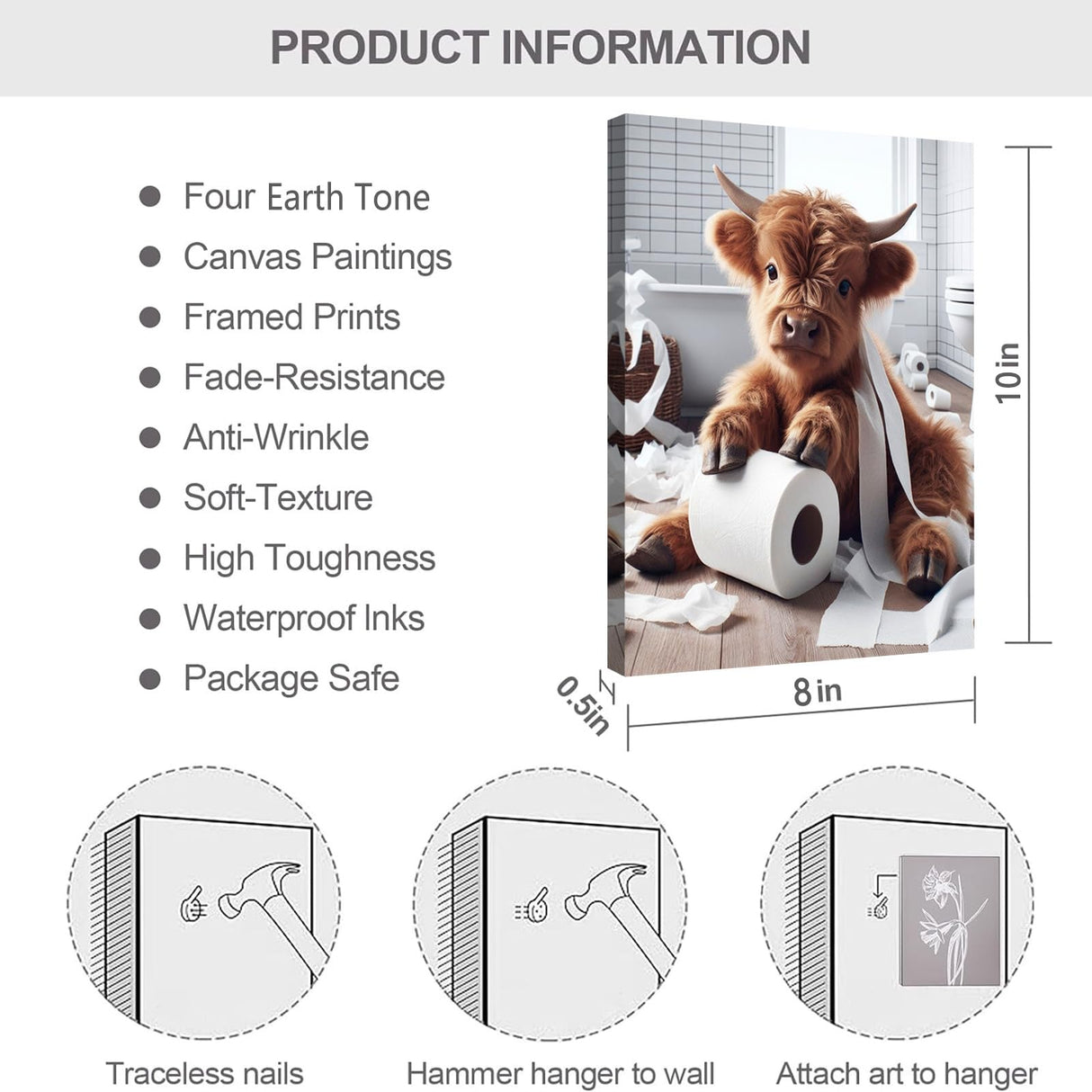 Framed Bathroom Decor Wall Art,Funny Highland Cow in Bathroom,Rustic Farmhouse Bathroom Wall Art,Funny Bathroom Wall Decor Signs,Cute Animal Art Prints for Bathroom(Framed,8x10inx4pcs) TWNSLLA