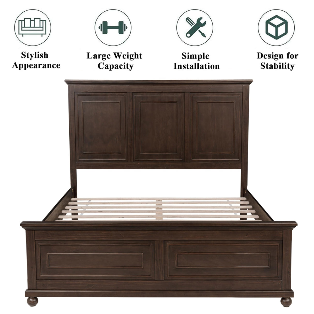 Mirightone Wood Queen Bed Frame with Tall Headboard and Footboard, Rustic Queen Panel Bed with Under Bed Storage, Farmhouse Style, Noise-Free, No Box Spring Needed, Antique Brown Mirightone