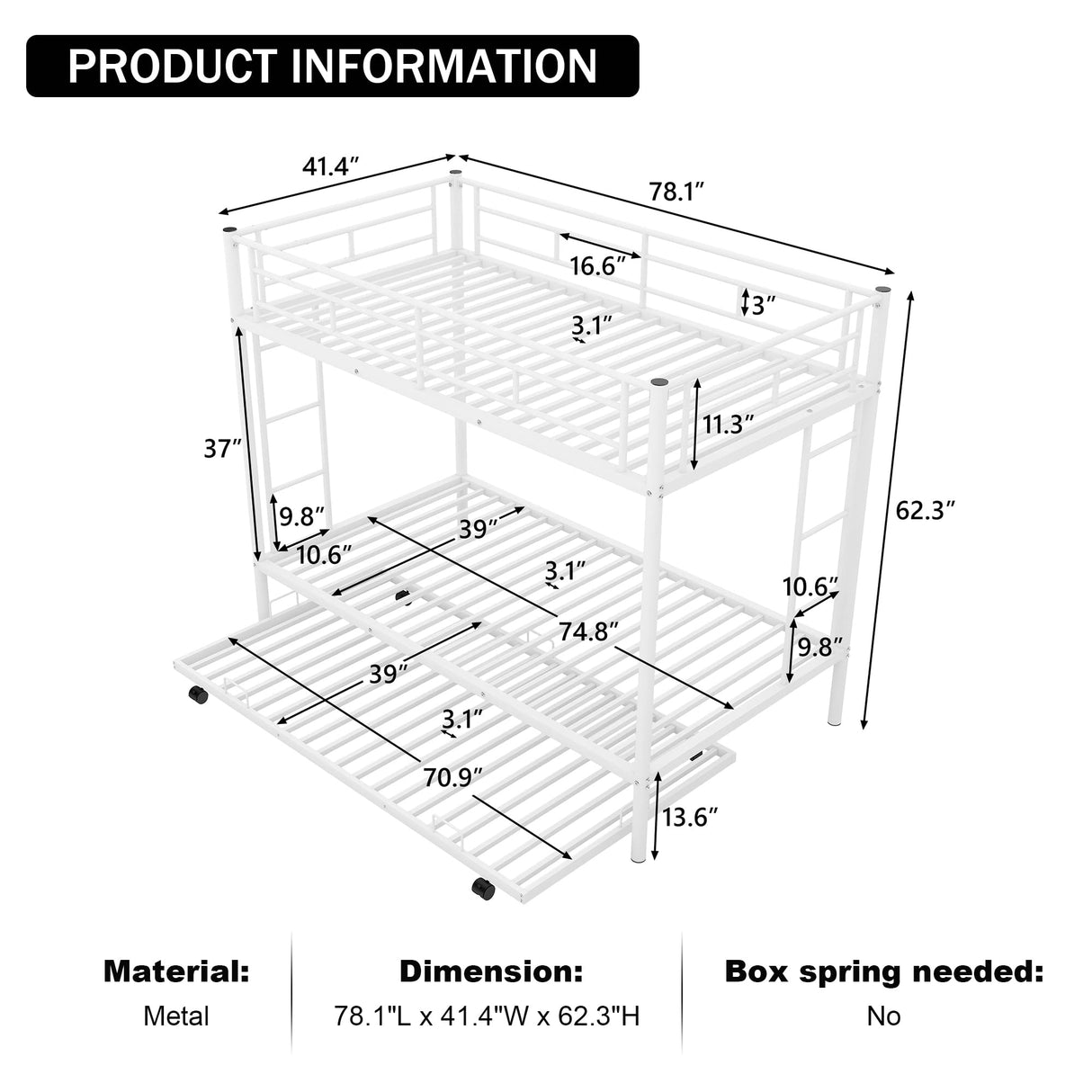 Merax Triple Bunk Bed, Twin Over Twin Bunk Beds with Trundle, Sturdy Steel Bunk Beds Frame for 3 Kids/Teens with Two Side Ladders and Safety Guard Rail,White Color Merax