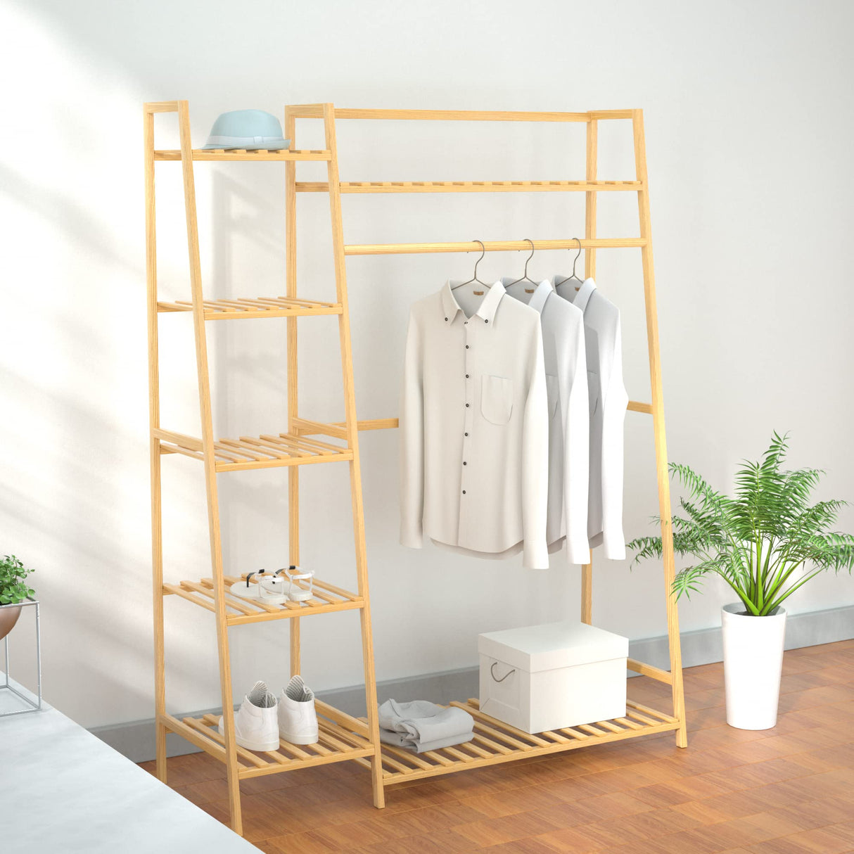 43.5" Bamboo Garment Rack - Free Standing Clothes Coat Hanger, Rolling Closet Organizer with Shoe Rack, Wardrobe Storage Shelves for Hall, Living Room, Bedroom, Office RELIANCER