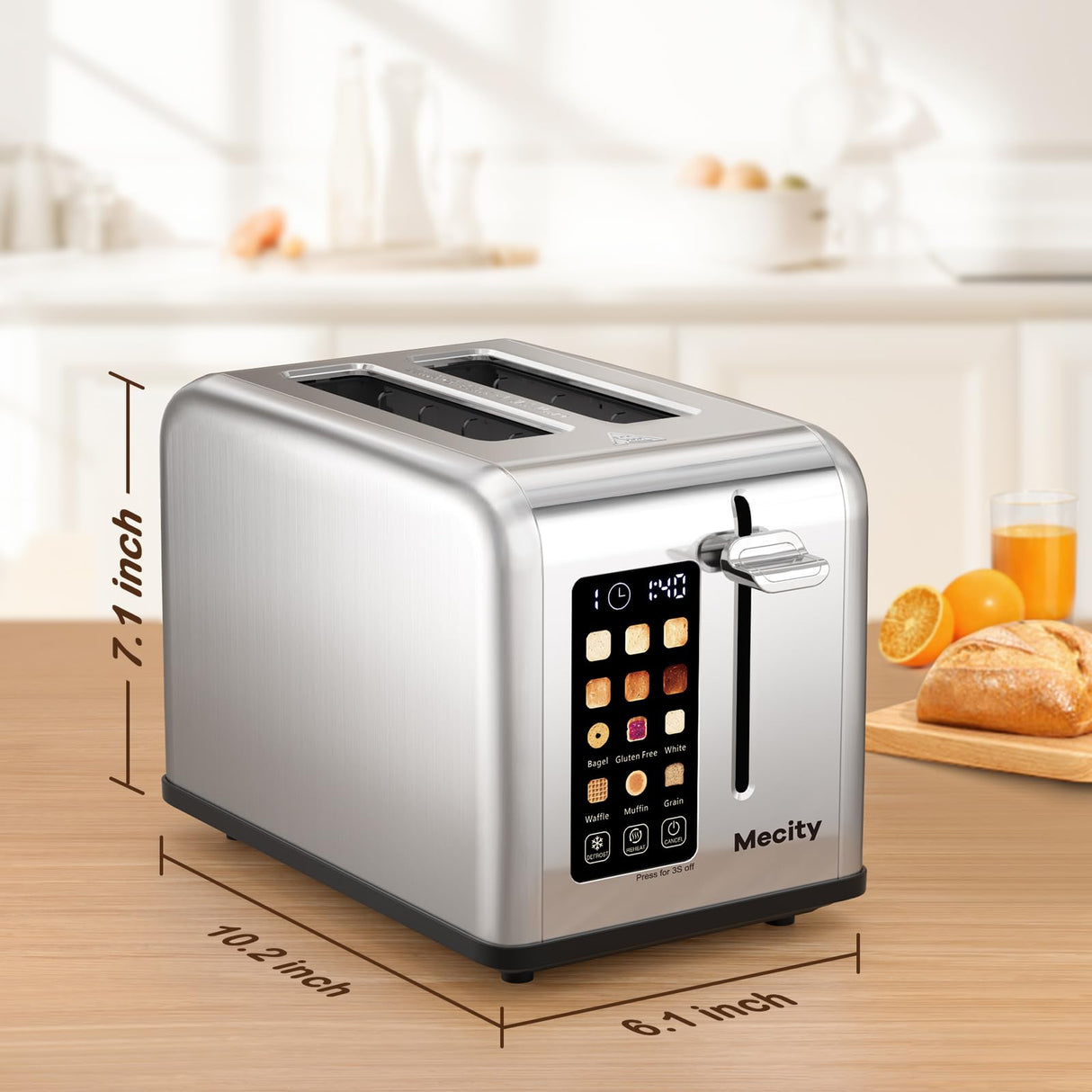 Mecity 2 Slice Toaster Touch Screen 1.5" Wide Slot, Stainless Steel Smart Bread Toaster for Bagel Muffin Waffle Gluten Free Breads, Timer, Defrost, Reheat, 120V 825W Mecity