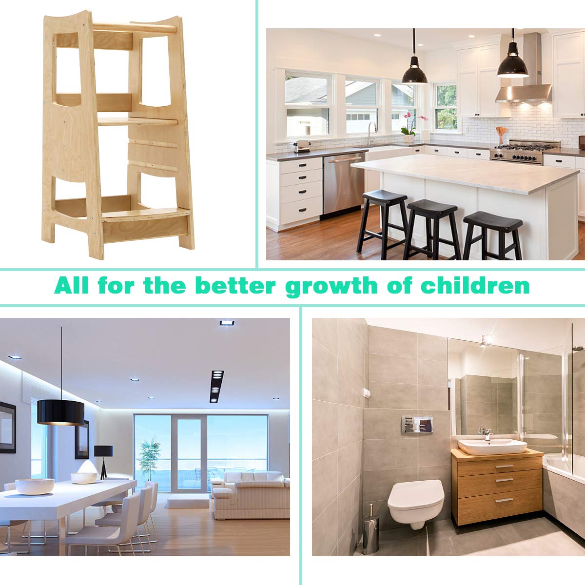 EGREE Toddler Kitchen Step Stool with Safety Rail Kids Wooden Standing Tower for Kitchen Counter and Bathroom Sink, 3 Heights Adjustable Step Up Stool Mothers' Helper, Solid Wood Construction, Natural EGREE