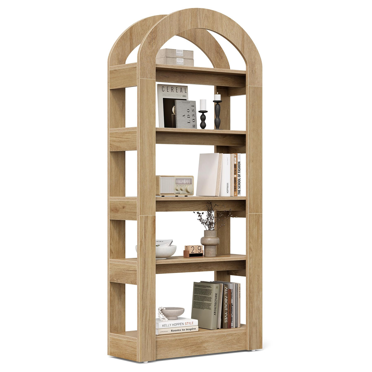 LITTLE TREE 5-Tier Bookshelf, Arch-Shaped Racks, Tall Standing Wooden Bookcase Display Shelf Modern Storage Solution (1, Teak Color) LITTLE TREE